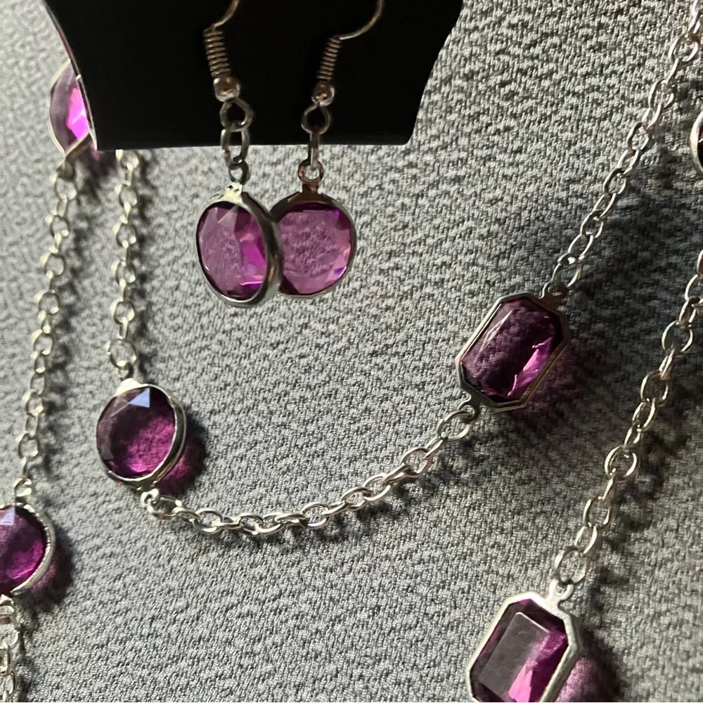 Long purple gemstone and silver chain necklace